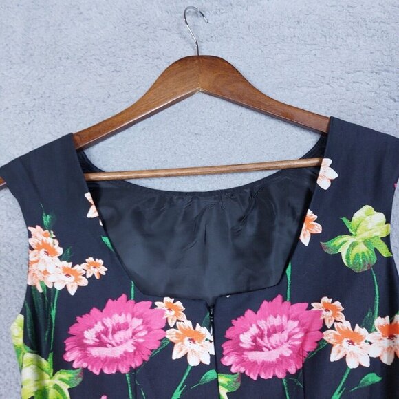 Eliza J Dress Women's 2 Black Rose Print Belted Boat Neck Sleeveless Party - Picture 14 of 16